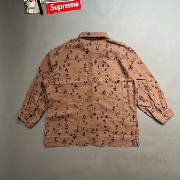 Linen Japanese Kanji Allover Print Boxy Luxury Streetwear Long Sleeve Shirt - Picture 2 of 11